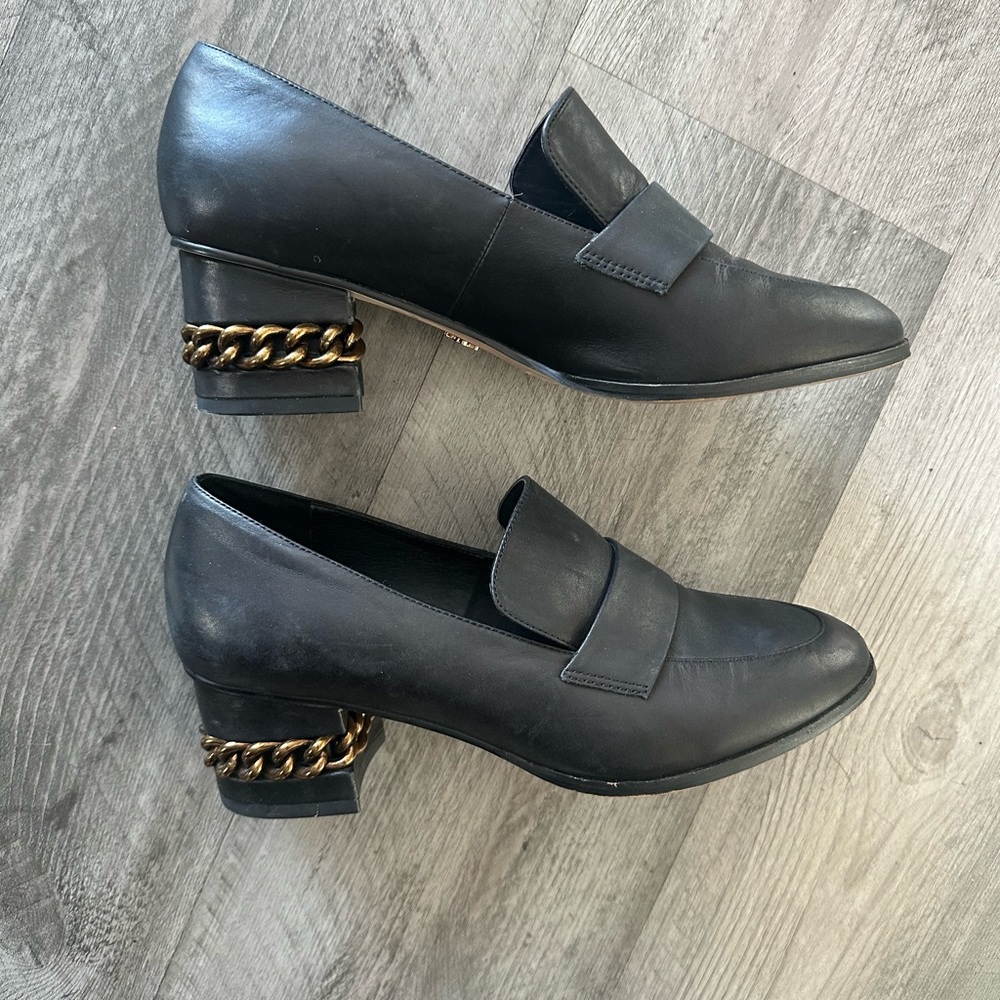 Kurt Geiger Black Loafers with Gold Chain Accent